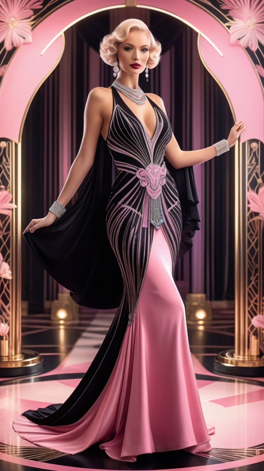 Model in a black and pink art-deco gown with silver embellishments
